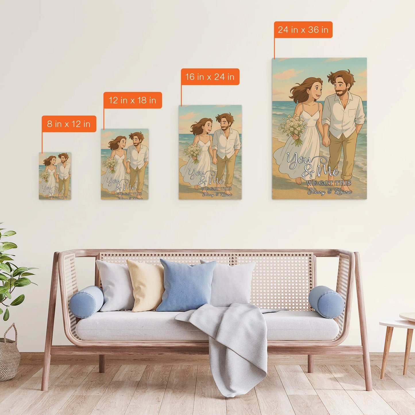 Custom Photo-to-Cartoon Poster – “You & Me, We Got This” Beach Illustration, Upload Photo & Names
