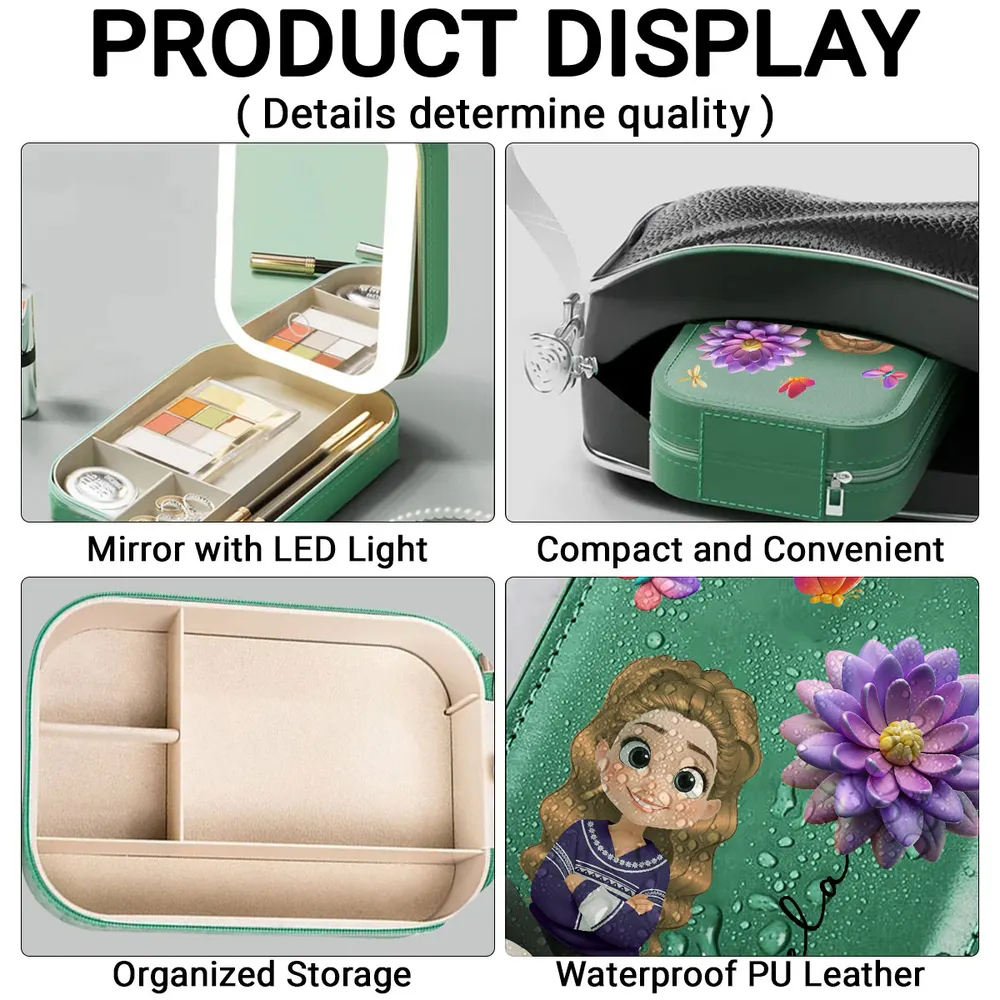 Personalized Leather LED Makeup Case with Cartoon Girl & Rose – Cute Custom Gift for Girls and Teens