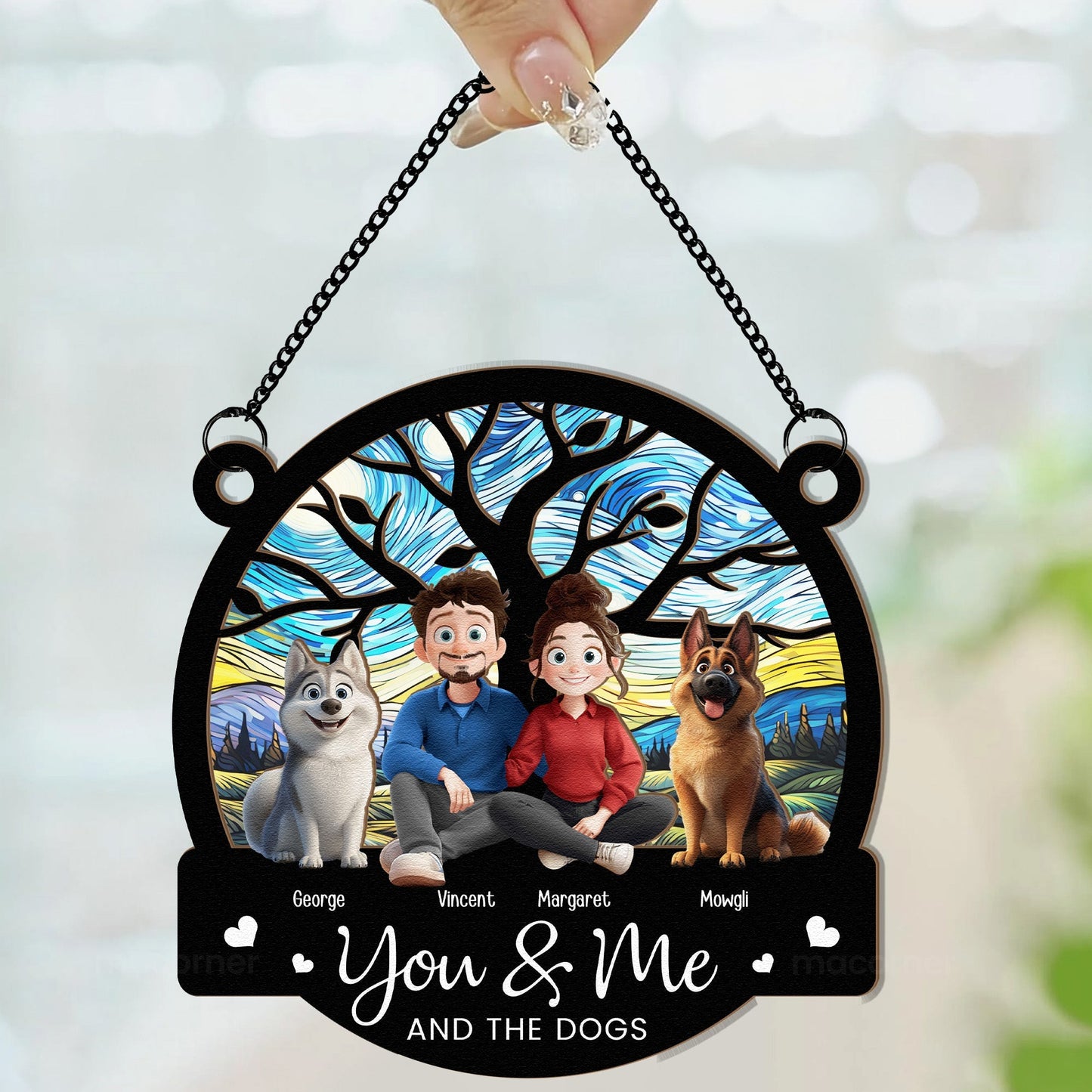 You & Me and the Dogs - Customizable Wood and Acrylic Layered Ornament, Ideal Gift for Couples and Pet Lovers