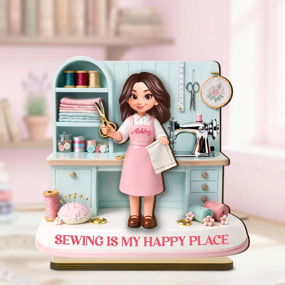 Personalized 2-Layer Wooden Plaque Sewing Is My Happy Place Cute Cartoon Sewing Room Scene, Unique Gift for Mom or Grandma