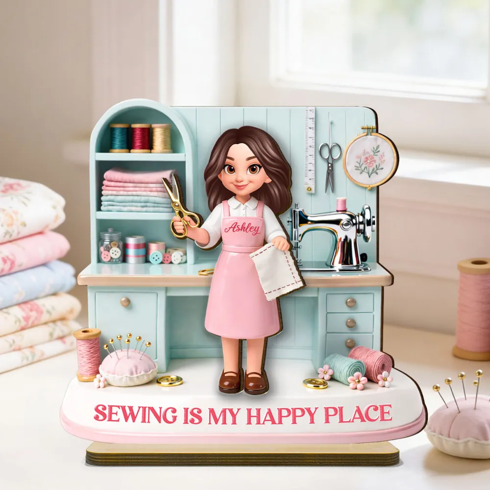 Personalized 2-Layer Wooden Plaque Sewing Is My Happy Place Cute Cartoon Sewing Room Scene, Unique Gift for Mom or Grandma