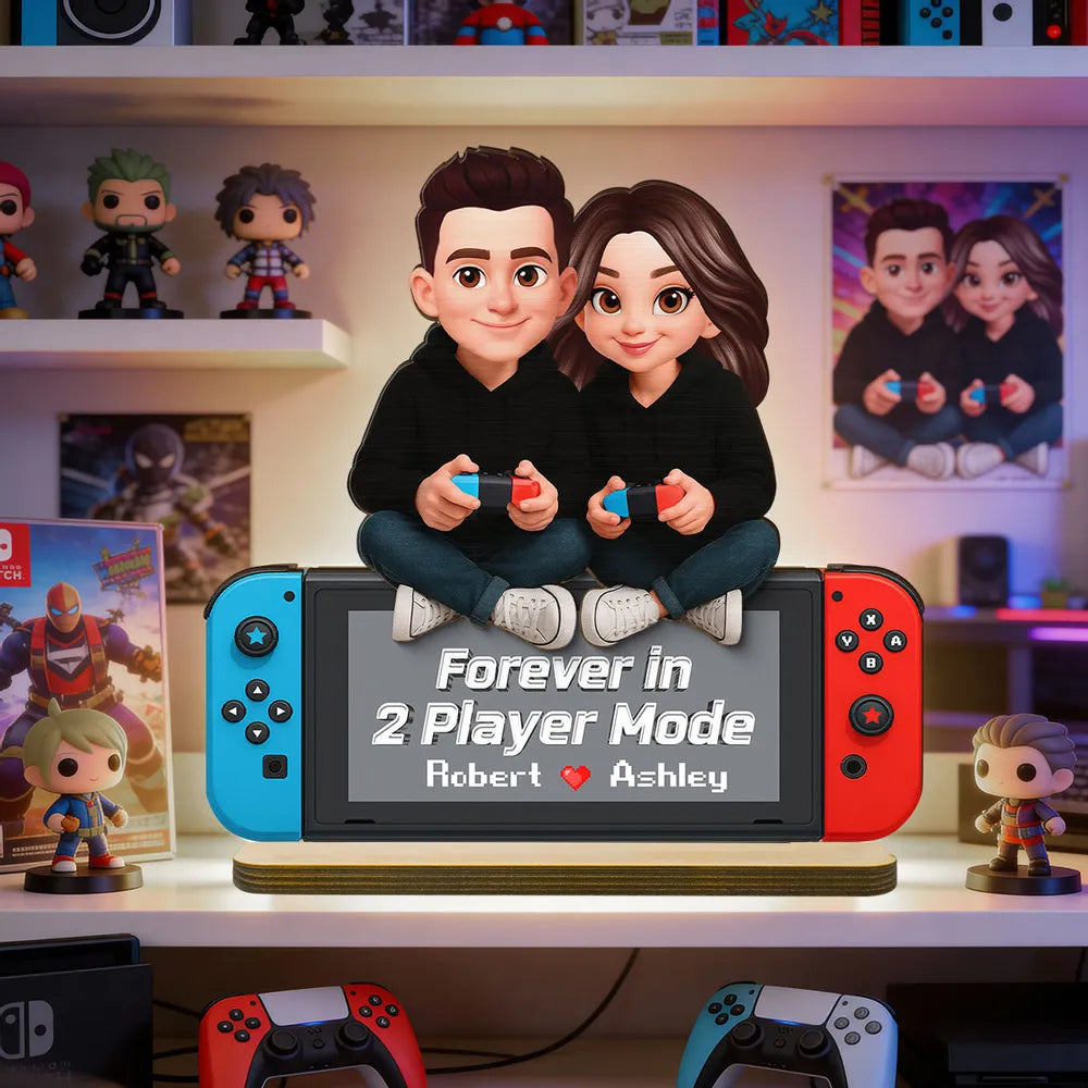 2-Layer Wooden Plaque Personalized Gaming Couple Sitting with Controllers - Forever in 2 Player Mode Romantic Gift for Gamers