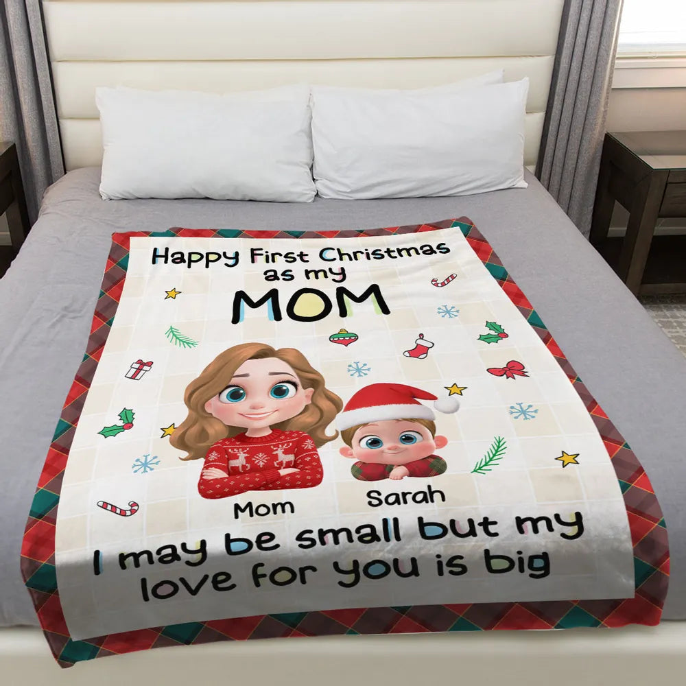 Personalized Fleece Blanket for First Christmas as My Mom, Cute Cartoon Design, Cozy Keepsake & Unique Gift