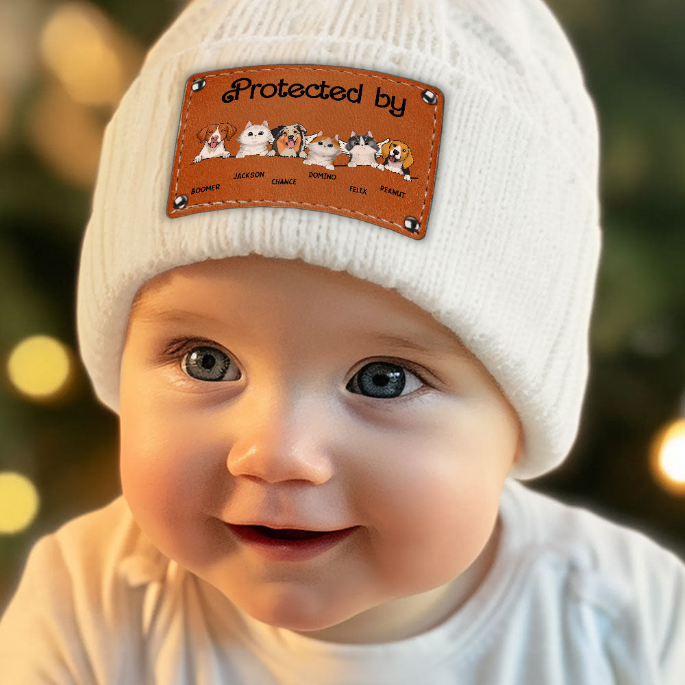 Custom Leather Patch Beanie Hat with Dog & Cat Design