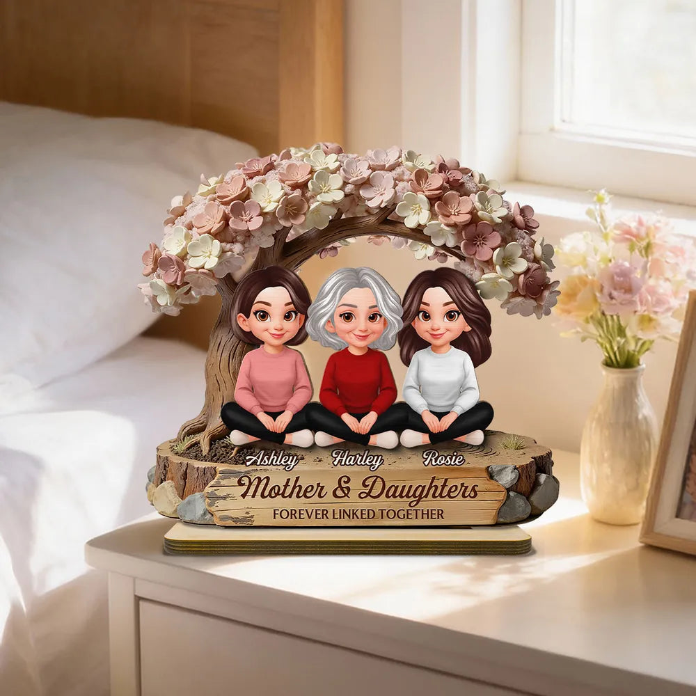 Mother & Daughters Forever Linked Together 2-Layer Wooden Plaque, Personalized Family Keepsake Gift for Mom