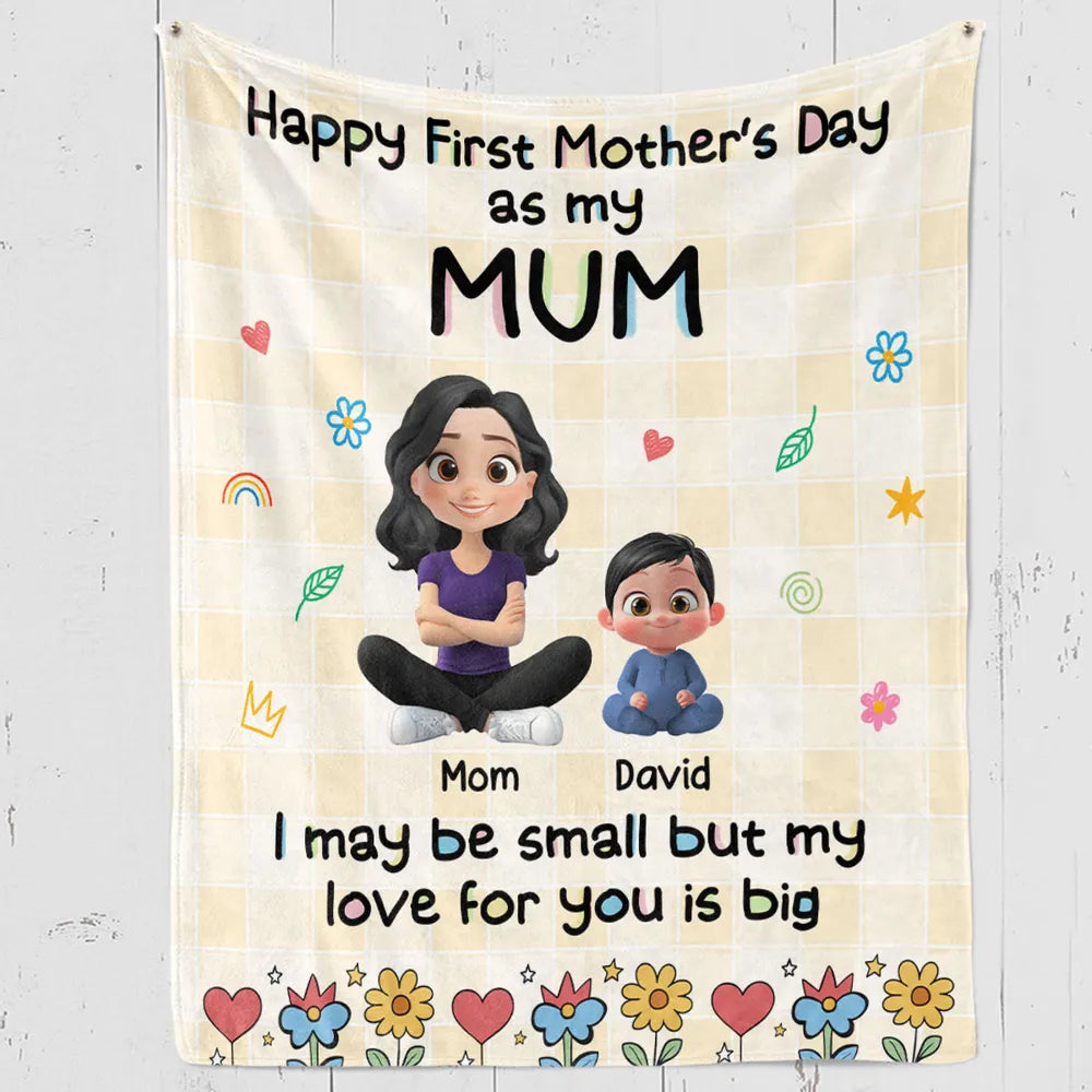 Happy First Mother's Day Personalized Fleece Blanket, Sweet Mom and Baby Illustration, Cozy Keepsake Gift for New Moms