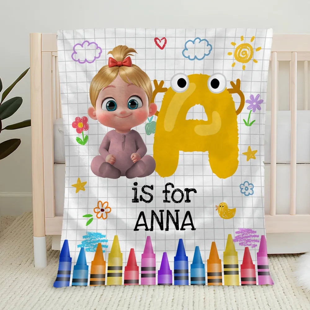 Cute Cartoon Baby Holding Big Letter Fleece Blanket, Personalized Nursery Throw For Snuggles & Smiles, Thoughtful Gift