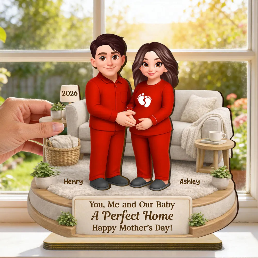 Personalized 2-Layer Wooden Plaque for Expecting Couple in Cozy Living Room Scene, Unique Mother's Day Gift