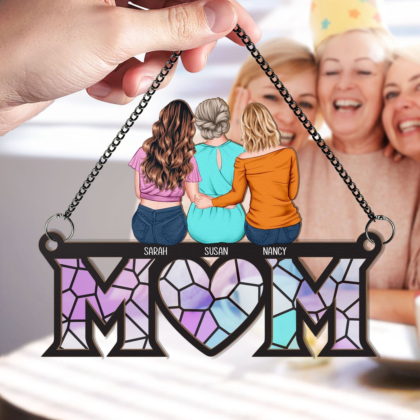 Personalized Wood and Acrylic Layered Ornament Mom Stained Glass Style Family Hug Window Hanging, Unique Gift for Mom