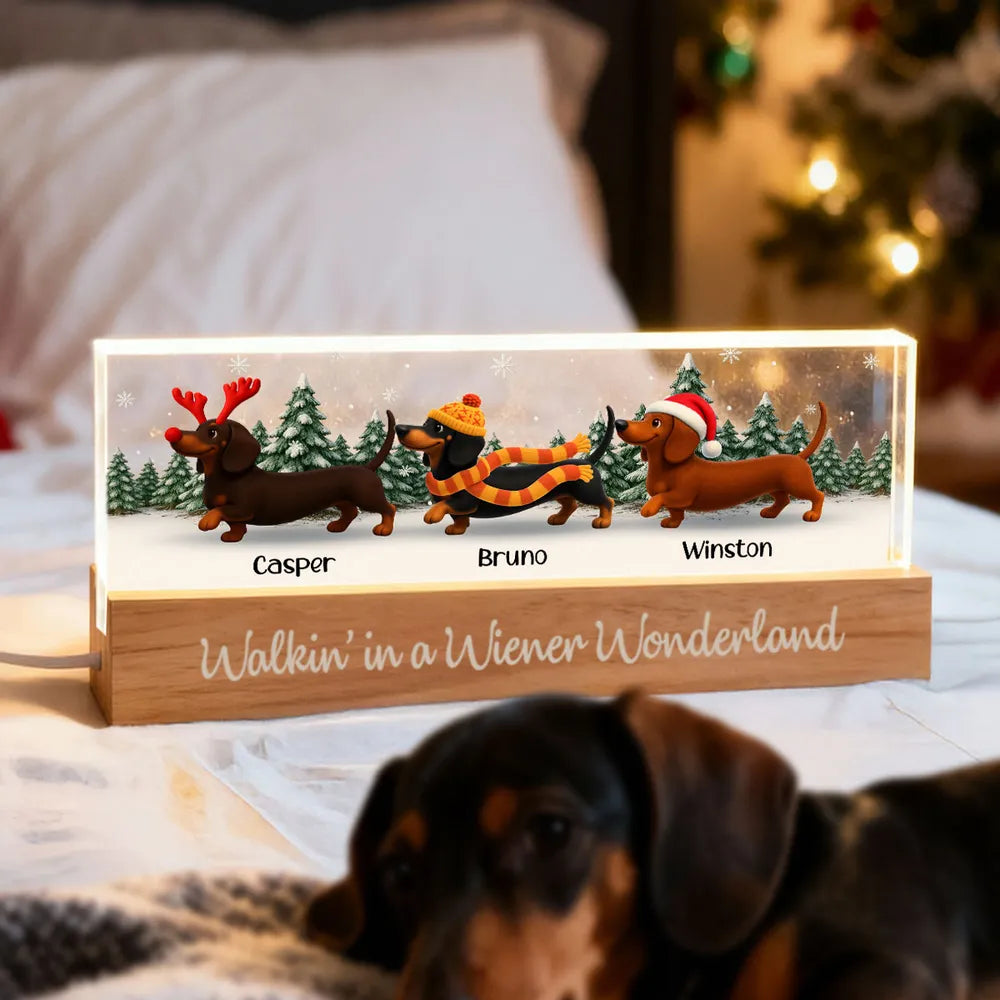 Personalized LED Light Plaque, Festive Dachshunds, Warm Glow, Snowy Christmas Scene, Creative Gift for Dog Lovers