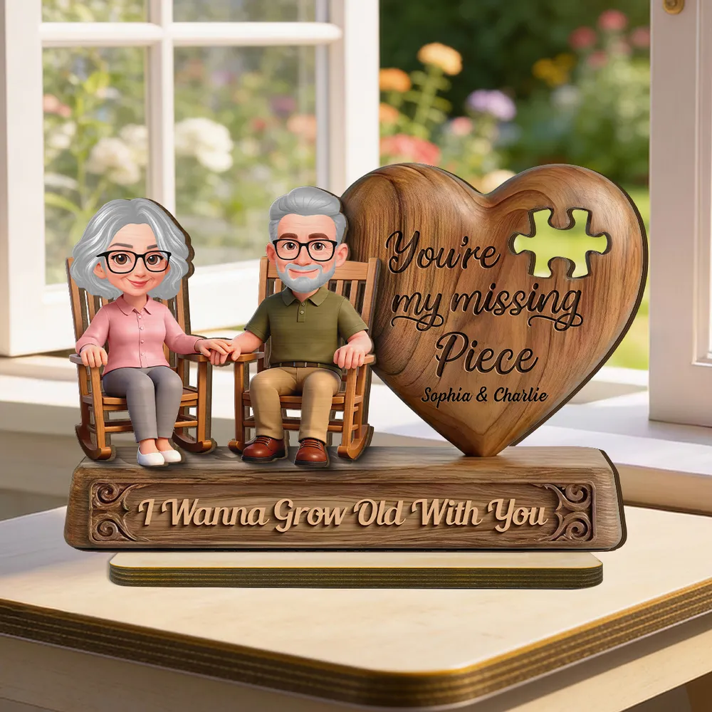 Personalized 2-Layer Wooden Plaque with Elderly Couple Holding Hands, You're My Missing Piece, Unique Gift for Couples