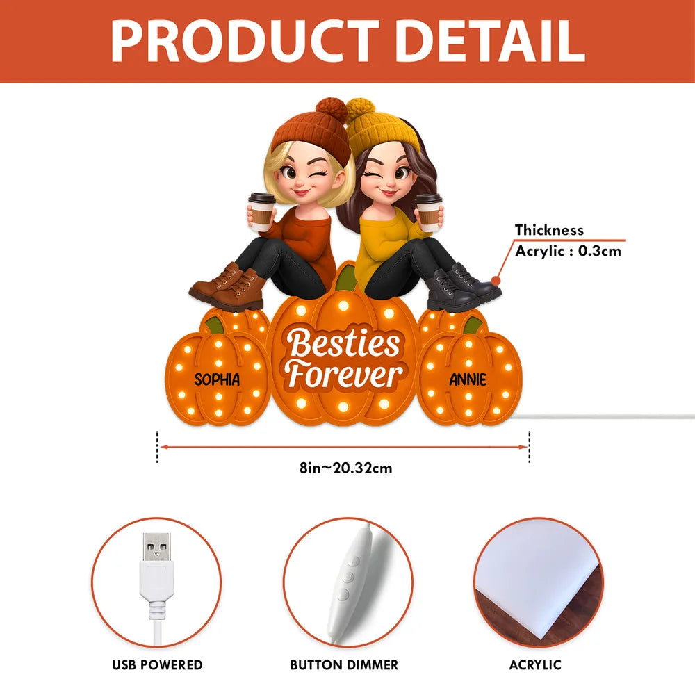 Besties Forever Acrylic Light Box with Pumpkin Marquee Glow, Sitting Friends, Cozy Fall Decor, a Unique Gift for Best Friend