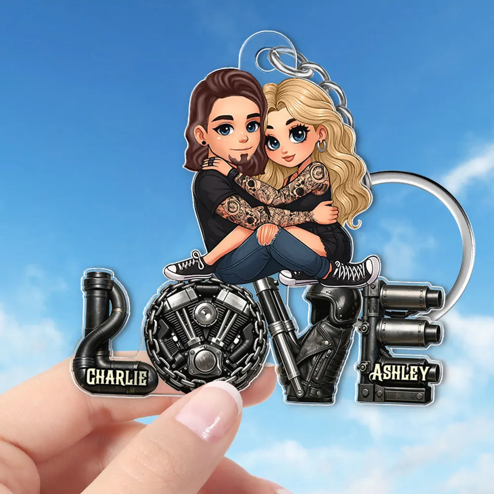 Personalized Biker Couple Acrylic Keychain Cute Cartoon Hugging Riders Cool Accessory Unique Gift for Him or Her