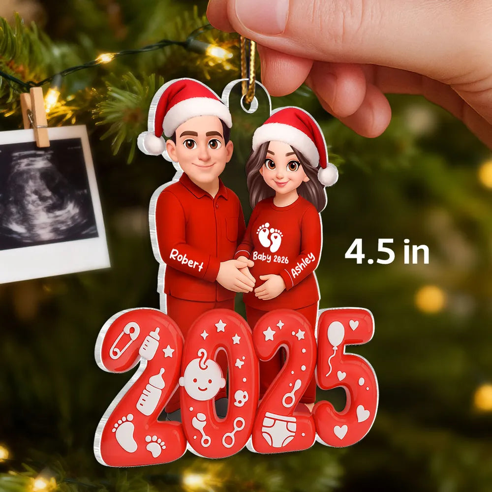 Acrylic Ornament for Expecting Parents - Personalized Santa-Hat Couple, Cozy Tree Keepsake, a unique gift for Mom-to-Be & Dad