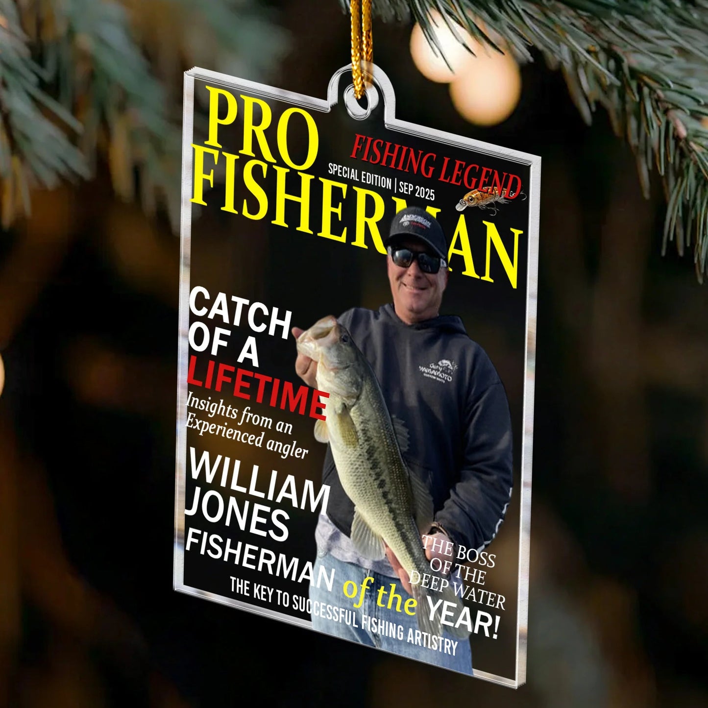 Personalized Acrylic Ornament for Fishing Legend – Pro Fisherman Magazine Style, Unique Gift for Anglers & Holiday Decor