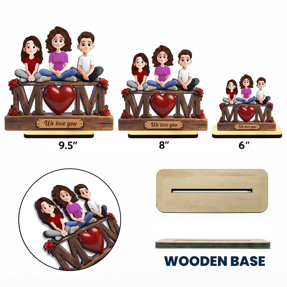 Personalized 2-Layer Wooden Plaque with Custom Cartoon Family and We Love You Message, Unique Gift for Mom