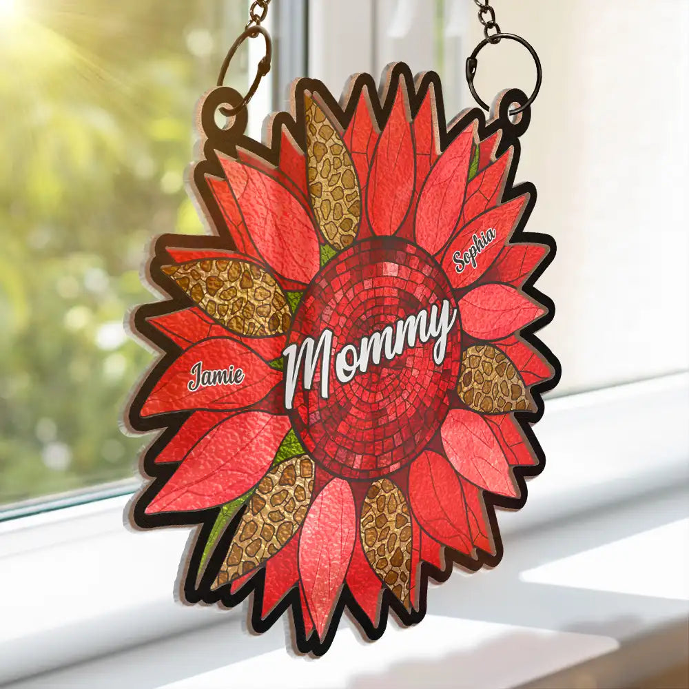 Nana Auntie Mom Family Sunflower Window Hanging Ornament - Personalized Wood and Acrylic Layered Design for Mother's Day, Valentine's Day, or Family Gifting
