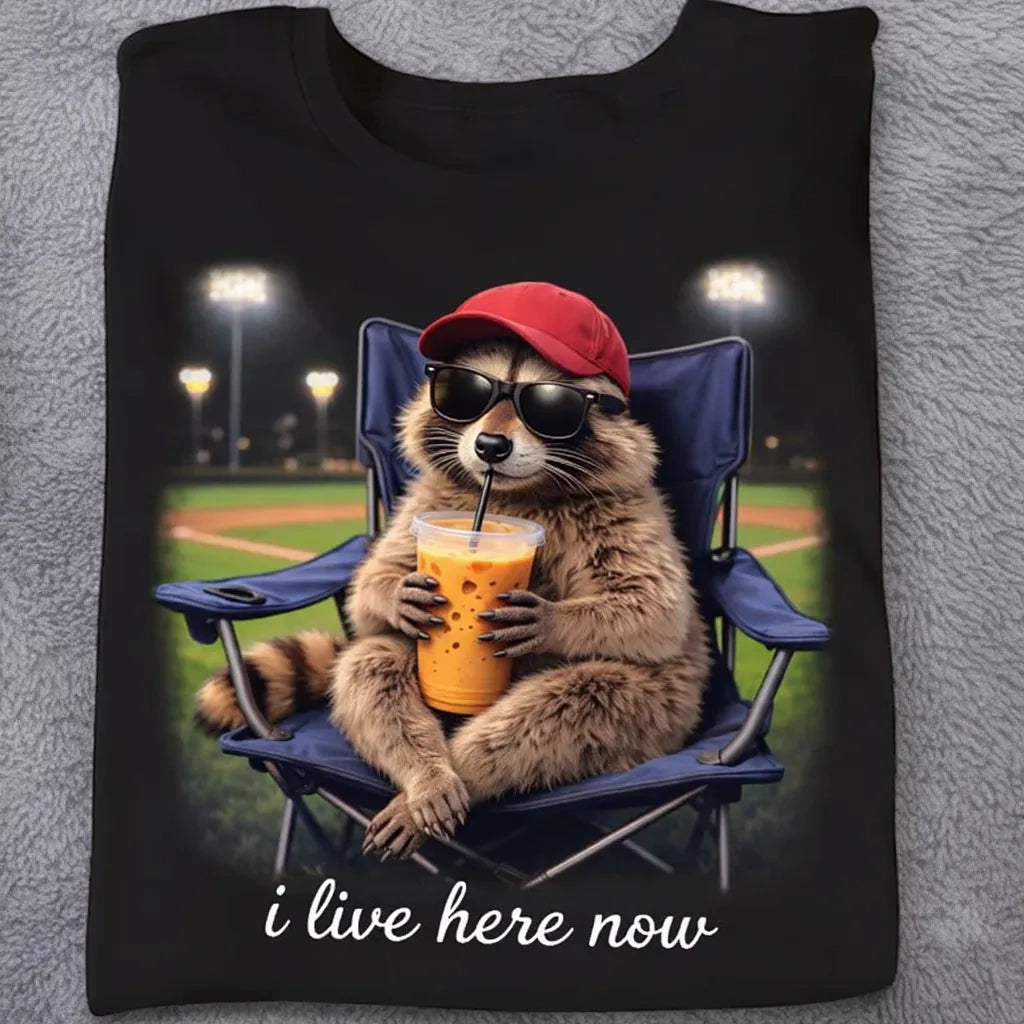 Personalized Classic Tee Chill Raccoon in Sunglasses at the Ballpark 'i live here now' Cute Everyday Gift