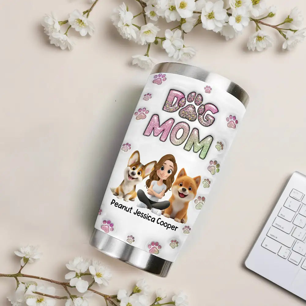 Insulated Travel Tumbler – Cartoon Dog & Mom, Glitter “DOG MOM” Paw Design, Personalized Gift