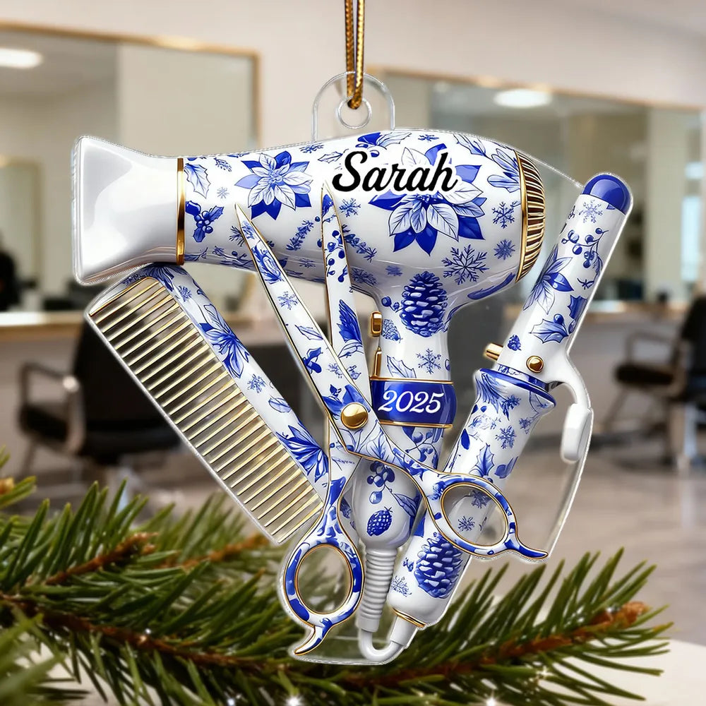 Hairdresser Things Acrylic Ornament with Custom Name – Elegant Blue Floral Salon Tool Design, Festive Tree Decor and Creative Gift for Your Favorite Stylist