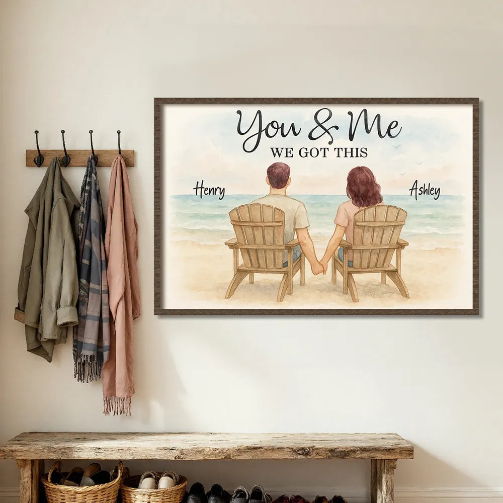 Romantic Seaside Poster, hand-in-hand couple illustration with gentle ocean background, warm modern wall art, heartfelt gift for partners or newlyweds