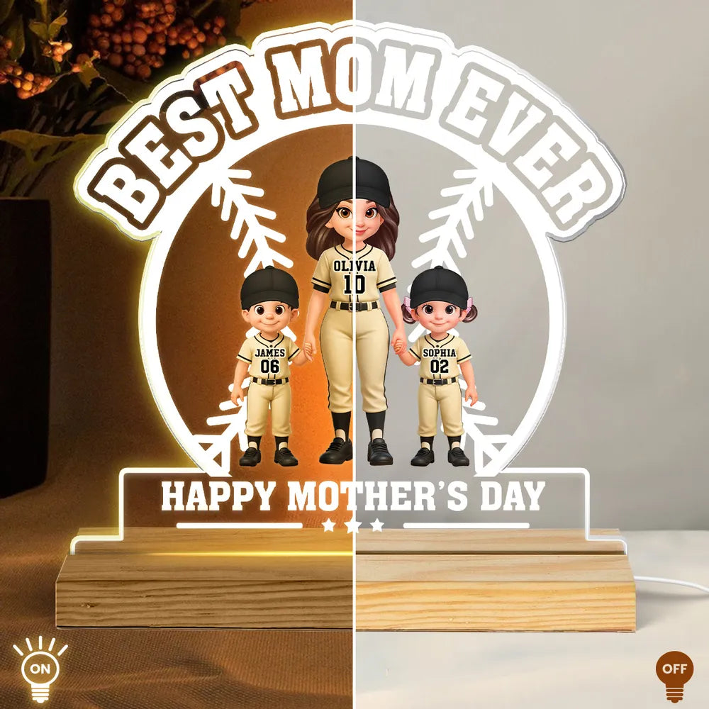 Block LED Light Plaque with Warm Glow, Custom Mom and Kids Baseball Scene, Sweet Bedside Gift for Mom