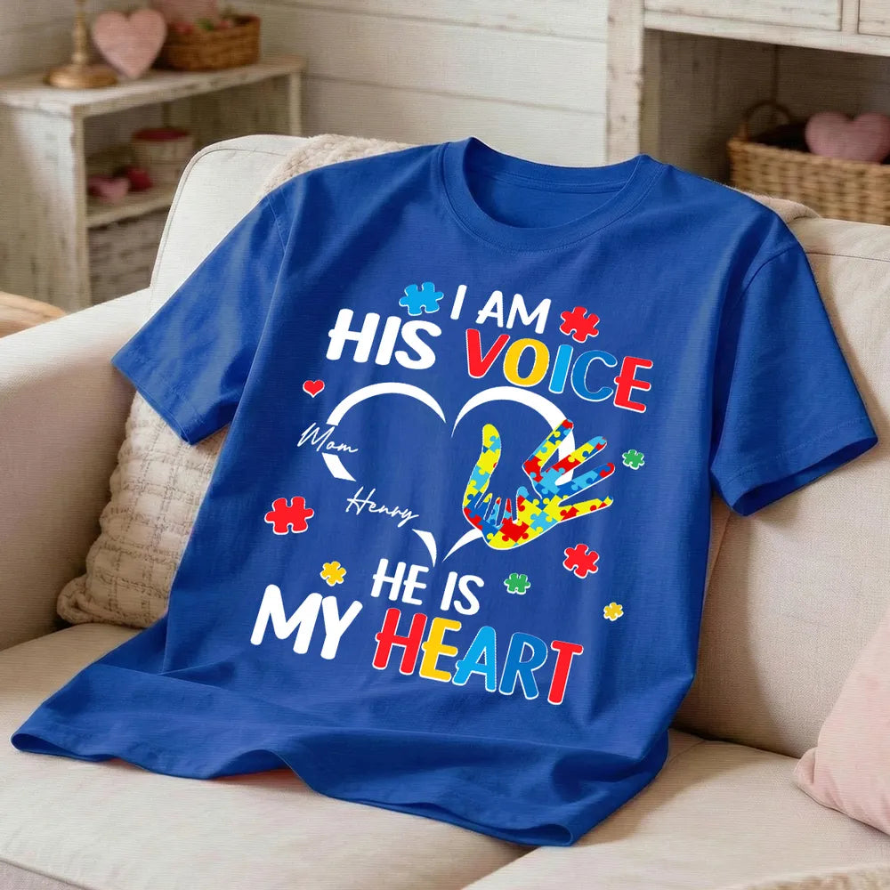 Personalized Autism Awareness Classic Tee I Am His Voice He Is My Heart Puzzle Hand Unique Gift for Mom
