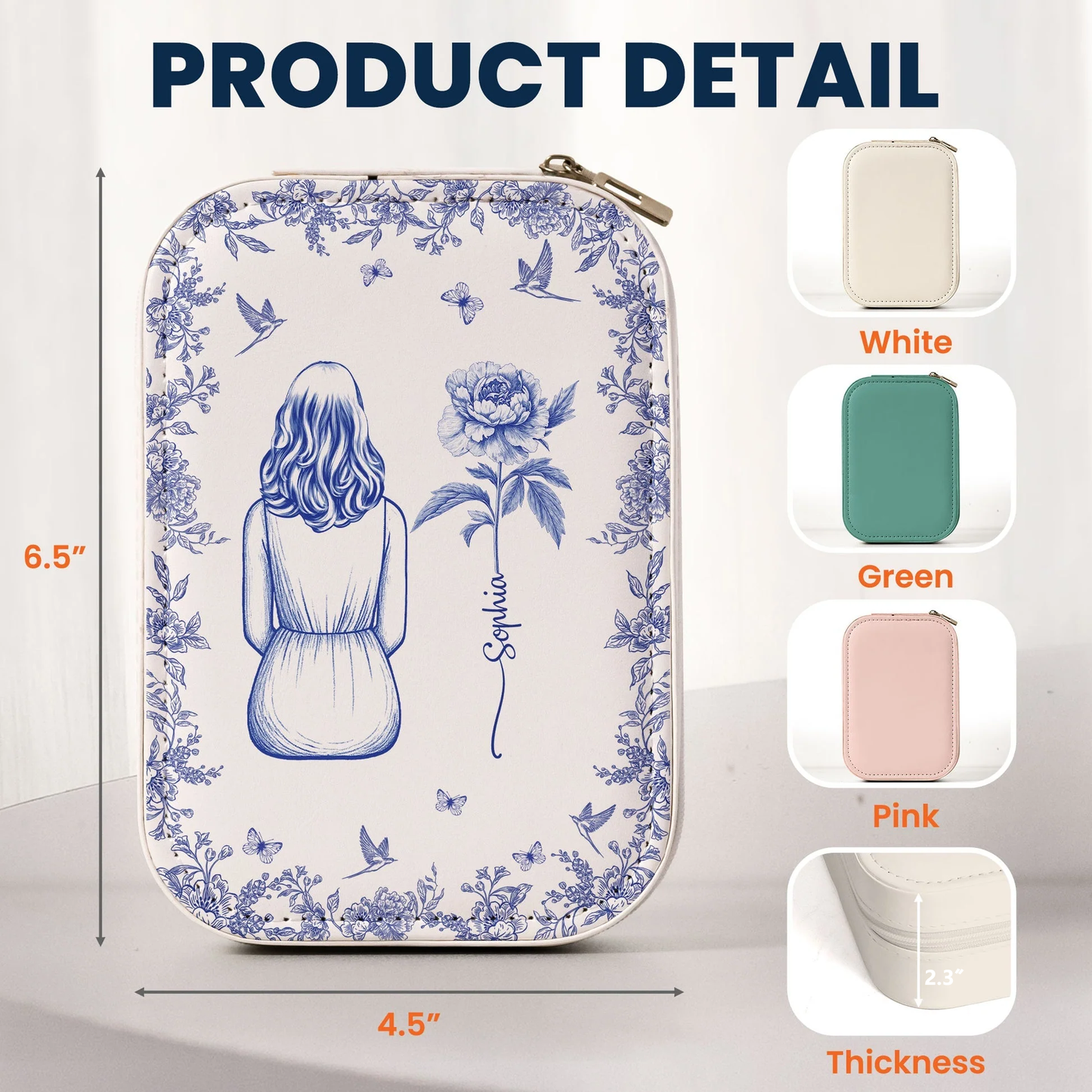 Personalized Leather LED Makeup Case with Birth Flower Art – Custom Girl Illustration Cosmetic Organizer, Unique Gift for Her