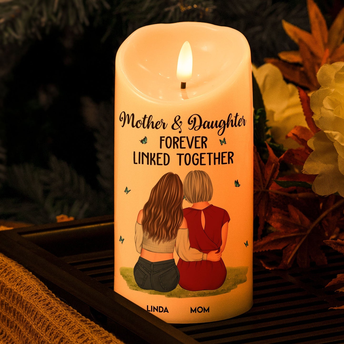 Flameless LED Candle – Mother & Daughter Back‑Hug Art, “Forever Linked Together” Personalized Light