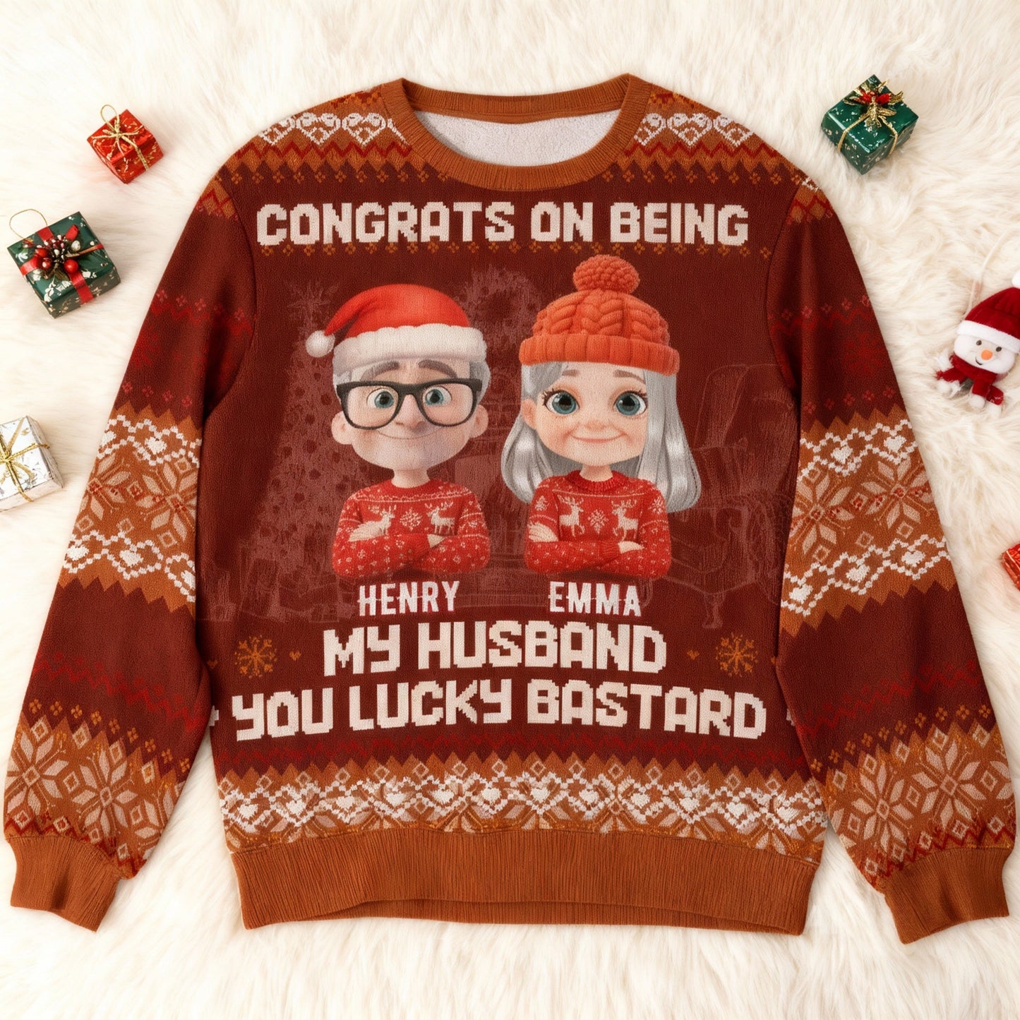 Custom Cartoon Couple Printed Sweatshirt for Husband – Playful Christmas-Inspired Design, One-of-a-Kind Romantic Gift