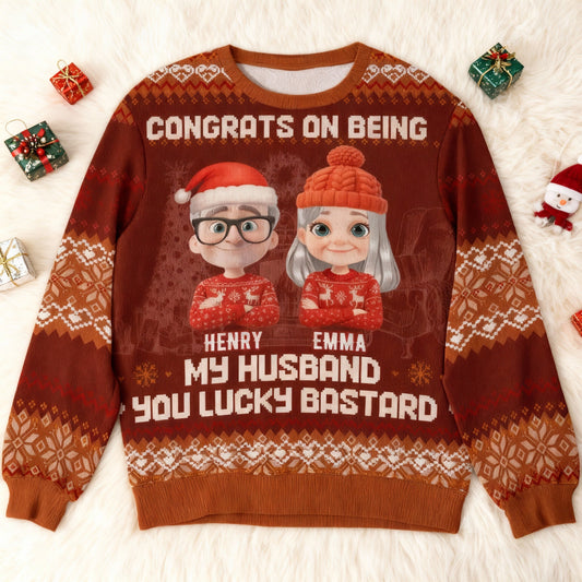 Custom Cartoon Couple Printed Sweatshirt for Husband – Playful Christmas-Inspired Design, One-of-a-Kind Romantic Gift