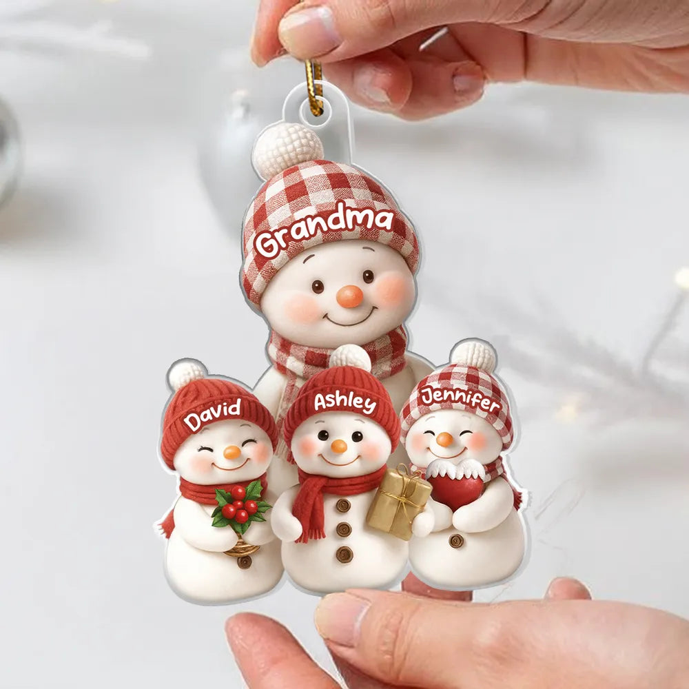 Christmas Acrylic Ornament for Grandma – Cozy Snowman Family, gift-ready keepsake for holiday tree décor, customizable and heartwarming
