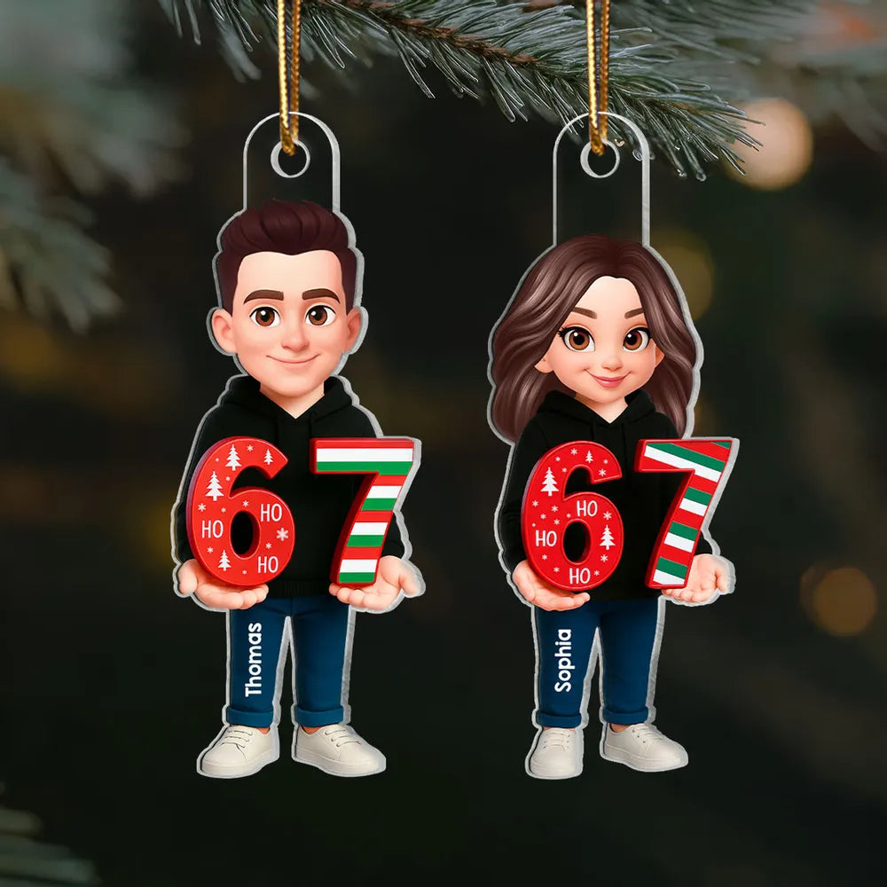 Personalized Acrylic Ornament with Cute Cartoon Teen Holding 67 Numbers – Trending Slang Christmas Ornament, Fun Gift for Kids and Grandkids