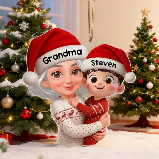 Christmas Acrylic Ornament - Grandma Hugging Grandkid in Santa Hats, Cute Cartoon Tree Decor, a Unique Gift for Family