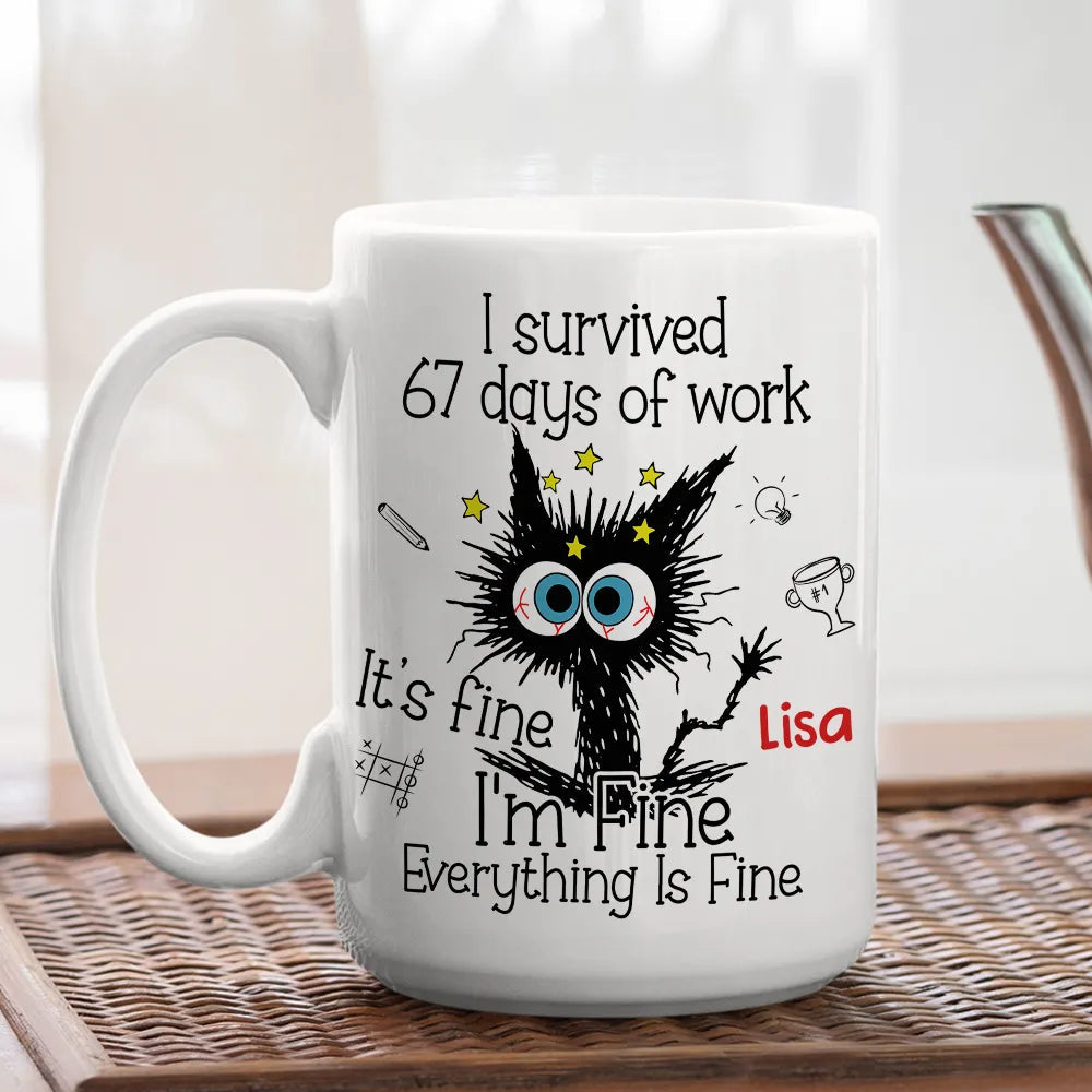 Personalized White Ceramic Mug for Workdays Survival, Funny Cat Cartoon Design, Unique Coworker Gift for Coffee & Tea Lovers