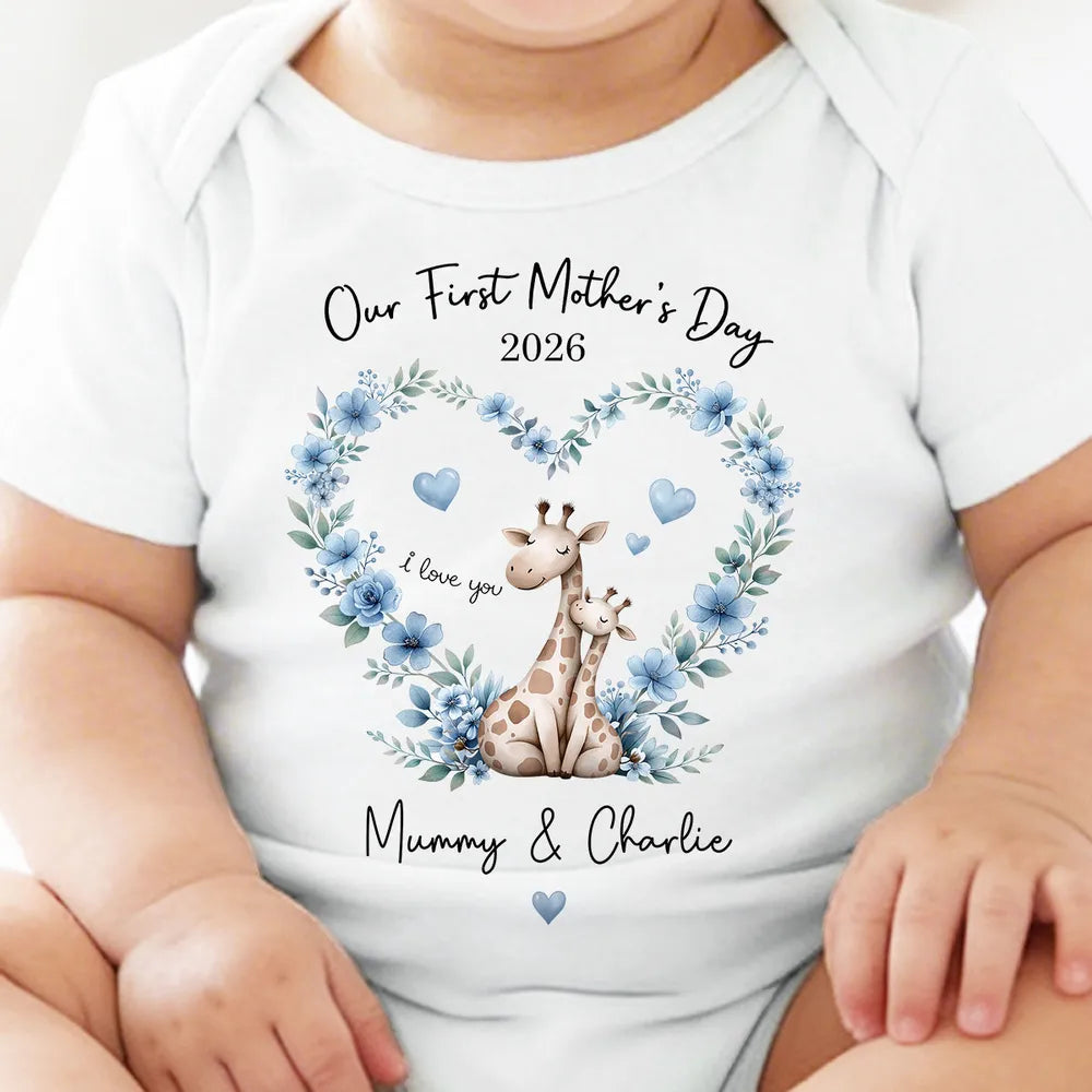 Short Sleeve Baby Onesie Personalized for First Mother's Day, Blue Floral Giraffe Mom and Baby, Sweet Photo-Ready Gift