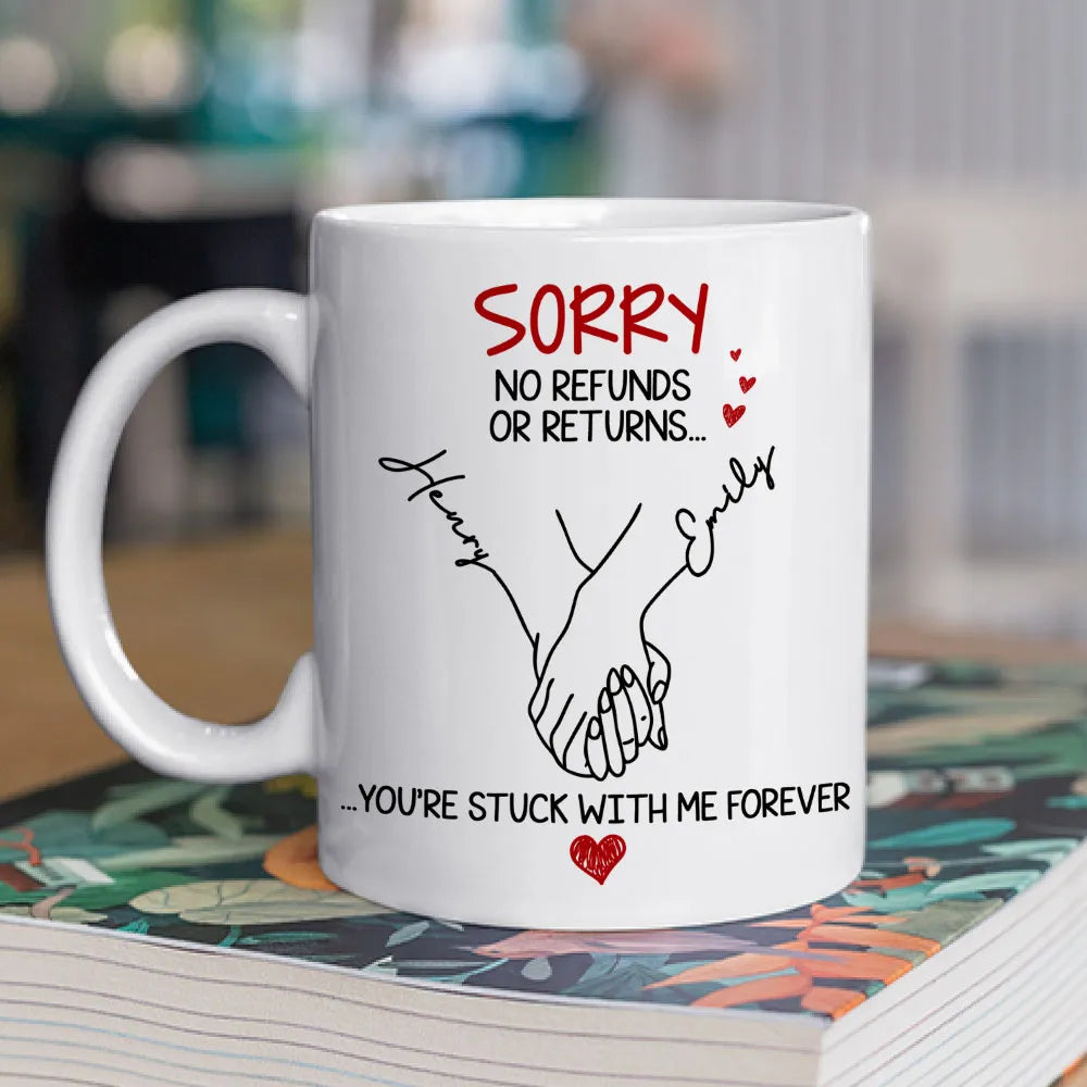 Personalized White Ceramic Mug with Holding Hands Illustration – Romantic “You’re Stuck with Me Forever” Couple Gift