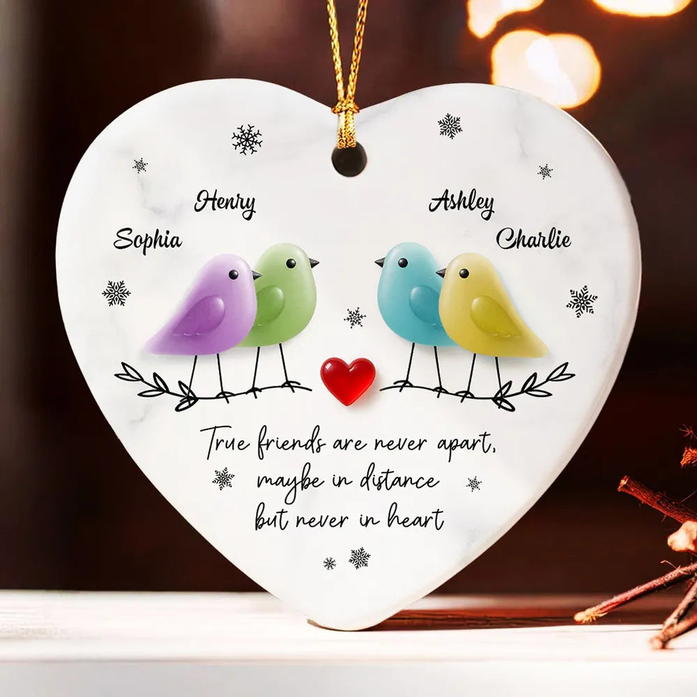 Ceramic Heart Ornament - Colorful Birds, Red Heart & Snowflakes - Unique Gift for Friends, Besties, Long-Distance Bond