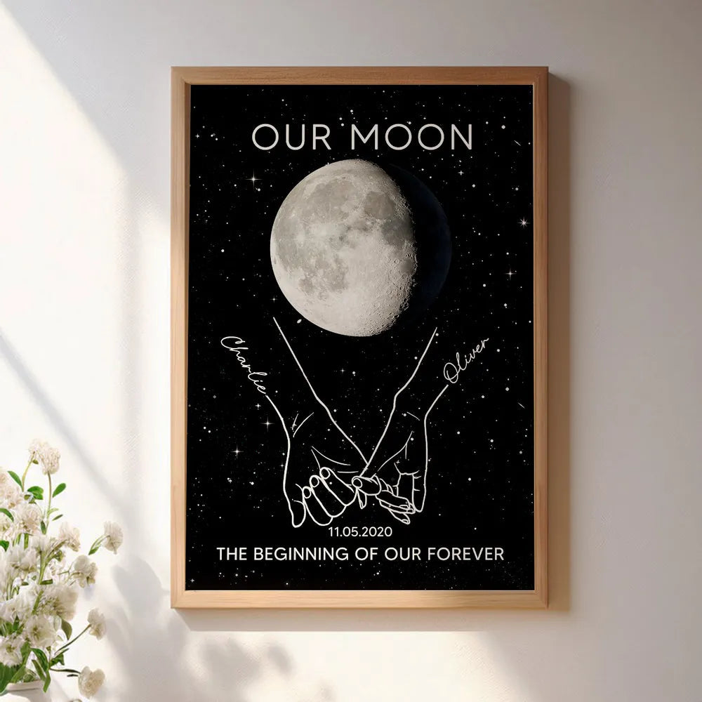 Personalized Moon Phase Couple Holding Hands Line Art Poster, Romantic Starry Night Wall Decor, Unique Gift