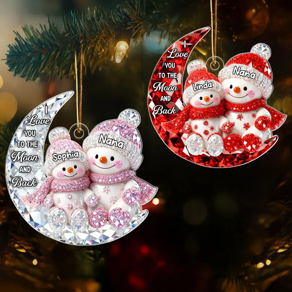 Personalized Acrylic Ornament for Grandma & Grandkid on Moon – Sparkling Snowman Design, I Love You to the Moon and Back, Unique Christmas Gift