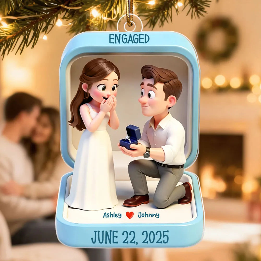 Engaged Proposal Scene Acrylic Ornament, Cute Cartoon Couple Ring Moment, Unique Gift for Couples