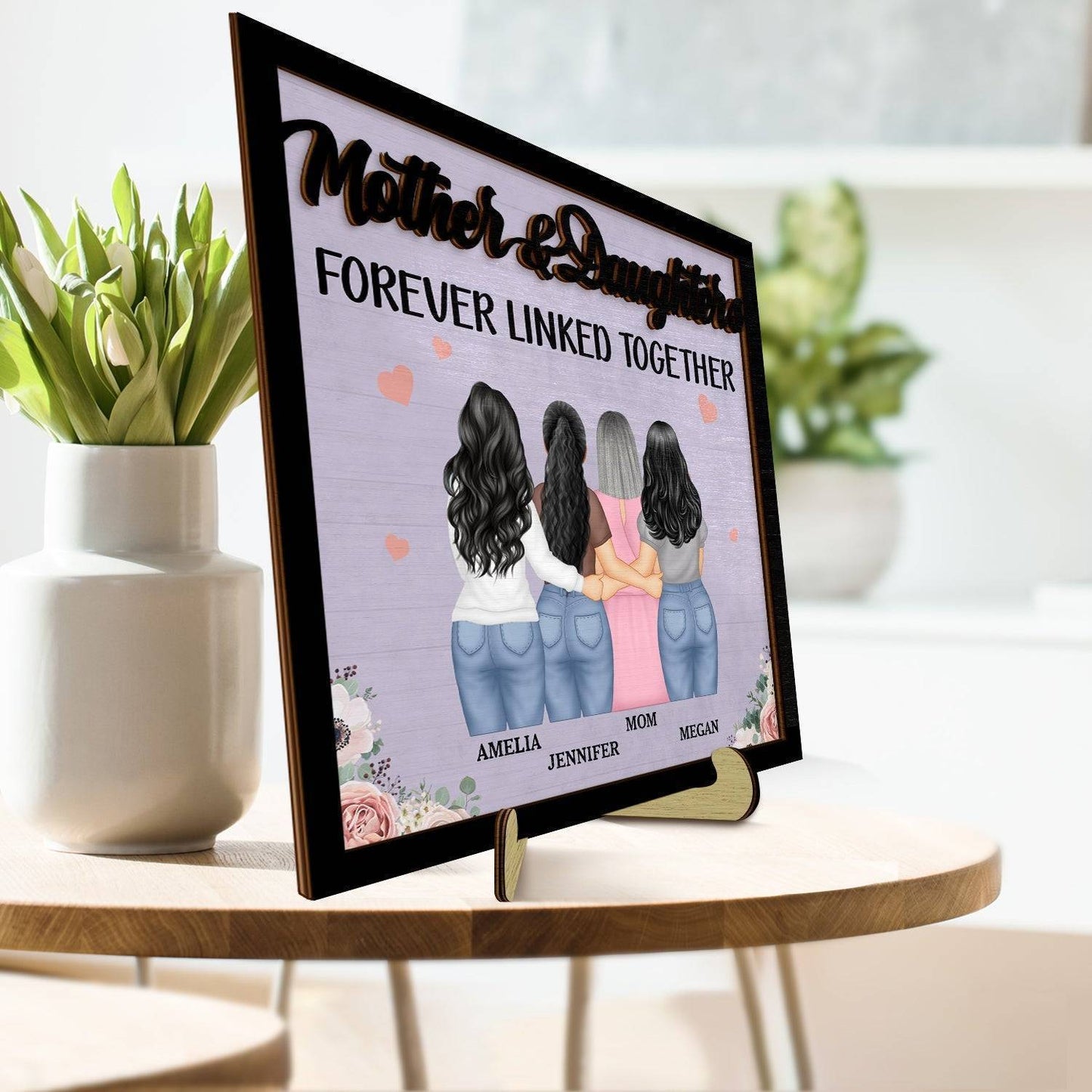Eternal Maternal Bond - 'Mother and Daughters Forever Linked' Personalized Wooden Plaque with Stand - Ideal Gift for Mom & Grandma on Mother's Day