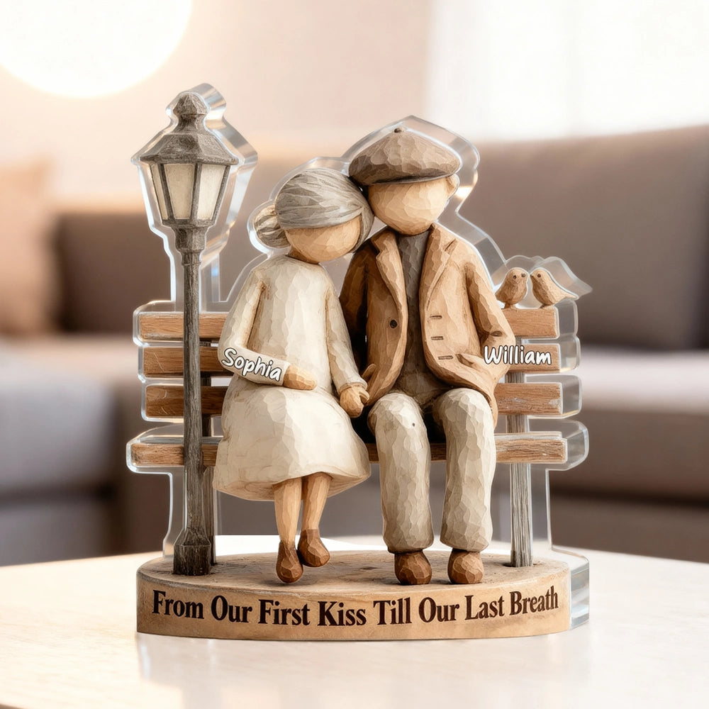 Personalized Shaped Acrylic Block Plaque Couple on Bench, From Our First Kiss Quote, Unique Romantic Gift for Wife or Husband
