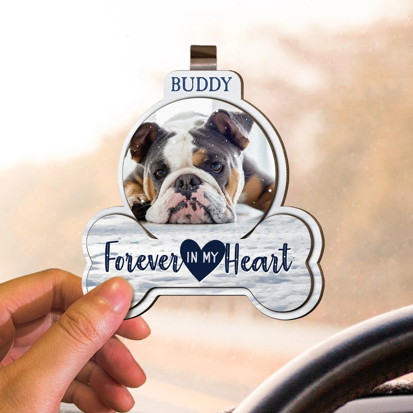 Forever In My Heart 2-Layer Wooden Car Visor Clip with Custom Pet Photo, Sweet Memorial Gift to Keep Them Close