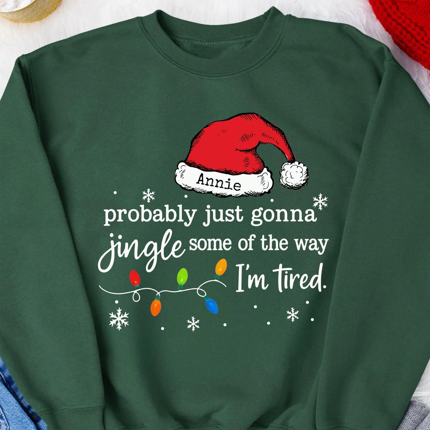 Custom Name Classic Tee with Santa Hat and Lights, Hilarious Christmas Shirt for Parties, A Unique Relaxed Holiday Gift