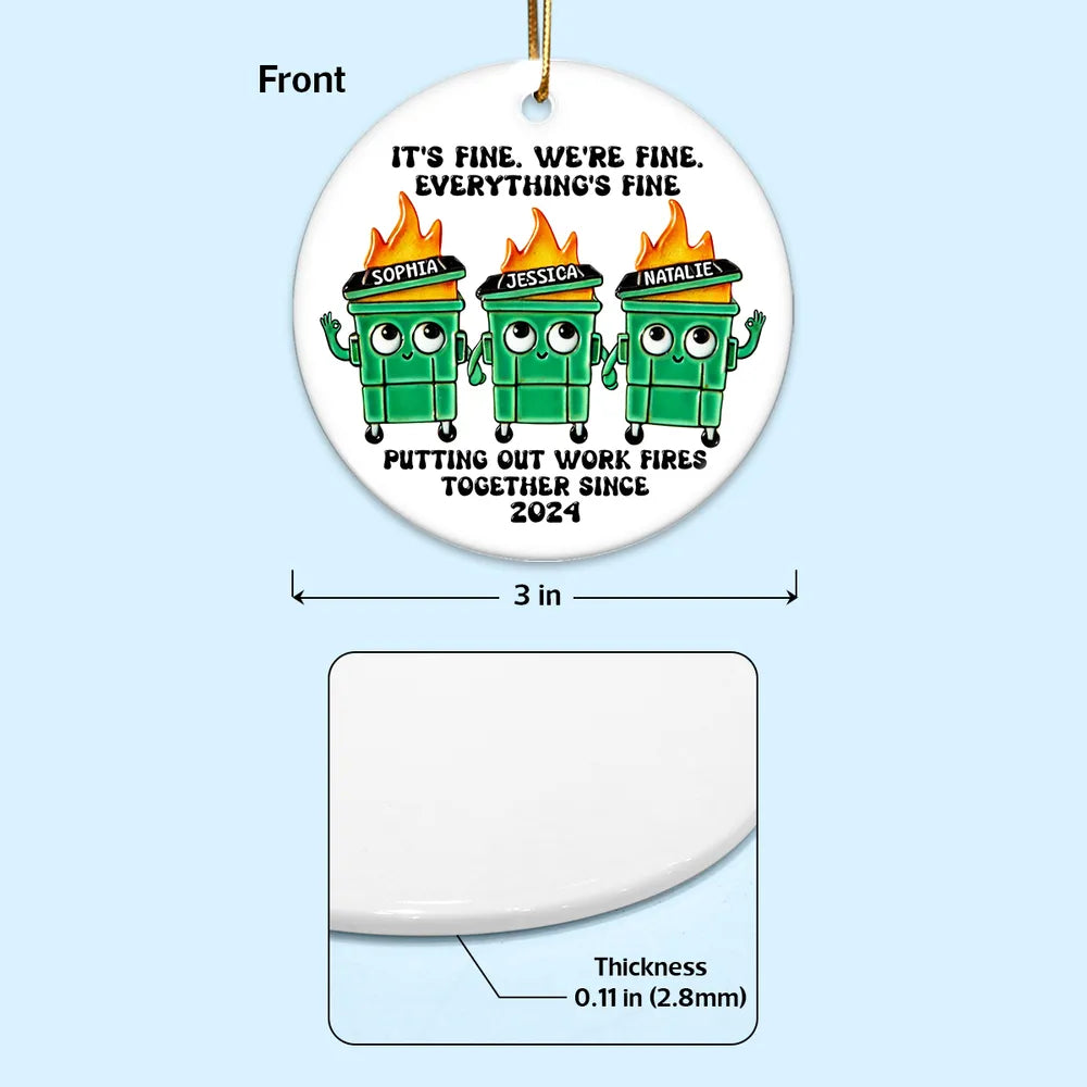 Personalized Ceramic Ornament with Funny Dumpster Fire Characters, Unique Coworker Gift for Office Friends & Work Besties