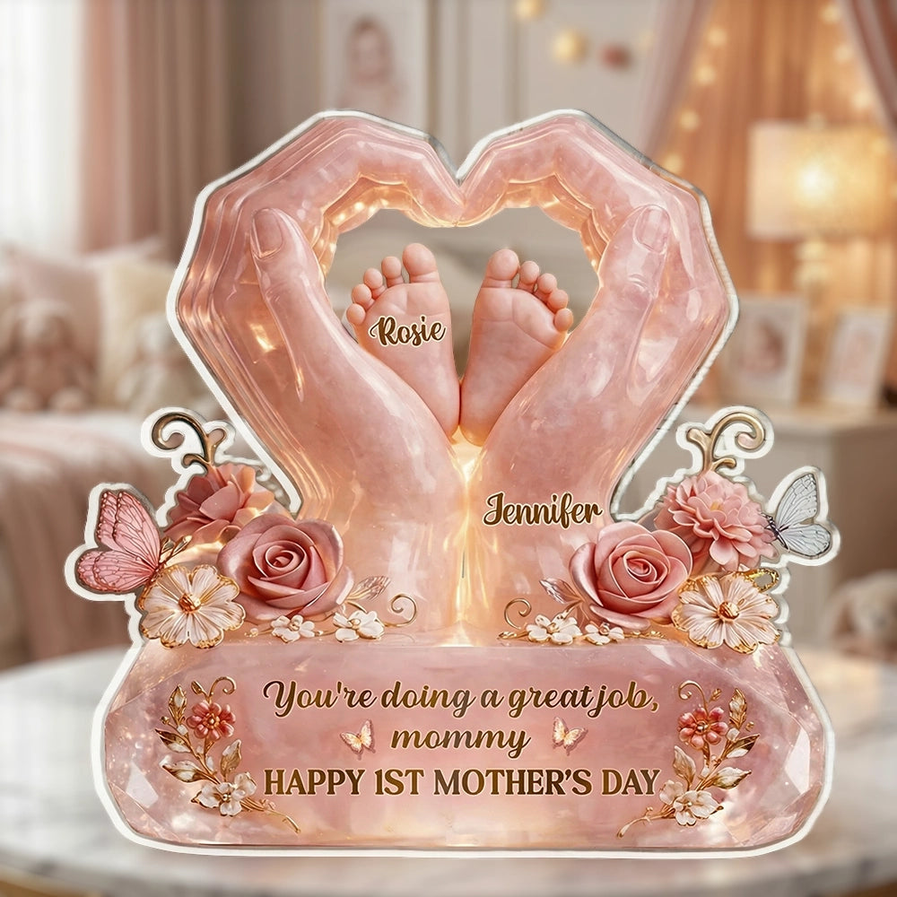 Personalized Shaped Acrylic Block Plaque for Mom, Baby Feet in Heart Hands, Mother's Day Keepsake, Unique Gift