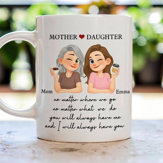 Personalized Mother Daughter Ceramic Mug With Cute Cartoon And Sweet Quote, Unique Gift For Mom From Daughter