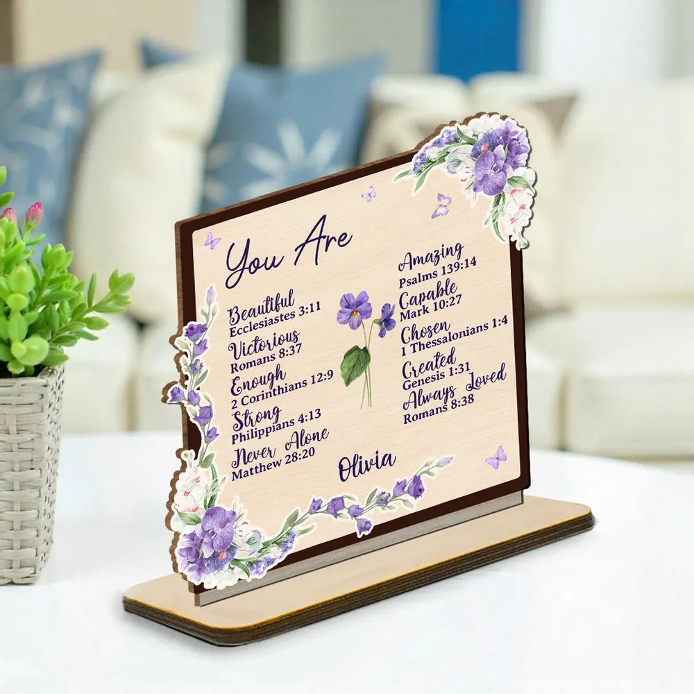 2-Layer Wooden Plaque Personalized with Encouraging Bible Verses and Purple Florals, Heartfelt Gift for Daughter or Friend