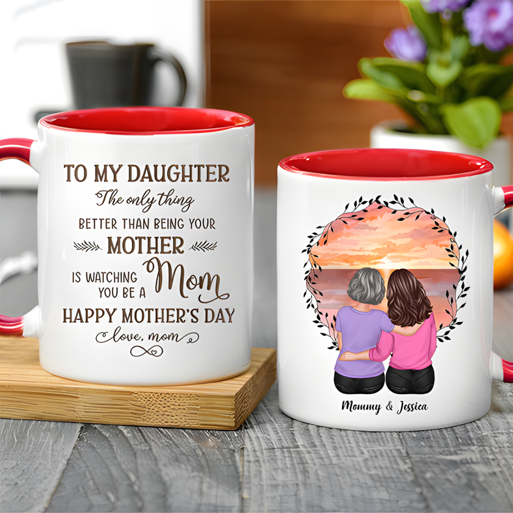 Beach Sunset Mother and Daughter Hugging Back View – Personalized Cup, Poster, Keychain, Ornament & More, Sentimental Mother’s Day Gift for Daughter